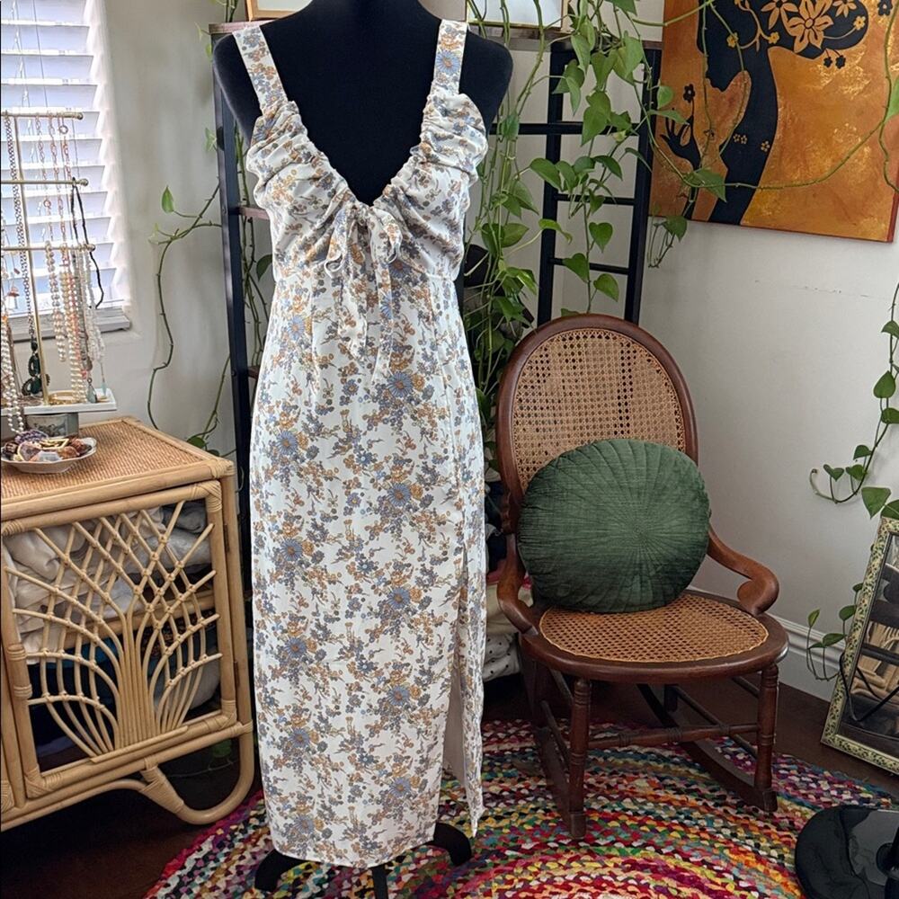 Abercrombie & Fitch White Floral Slit Leg Garden Cottage Boho Midi Slip Dress